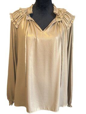 Shimmery Gold Ruffled Collar Long Sleeve Blouse By JM Sportswear XL